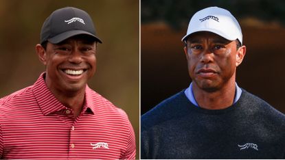 (left) Tiger Woods smiling while wearing a red Sun Day Red polo top and (right) Woods looking serious in a white Sun Day Red cap and black sweater
