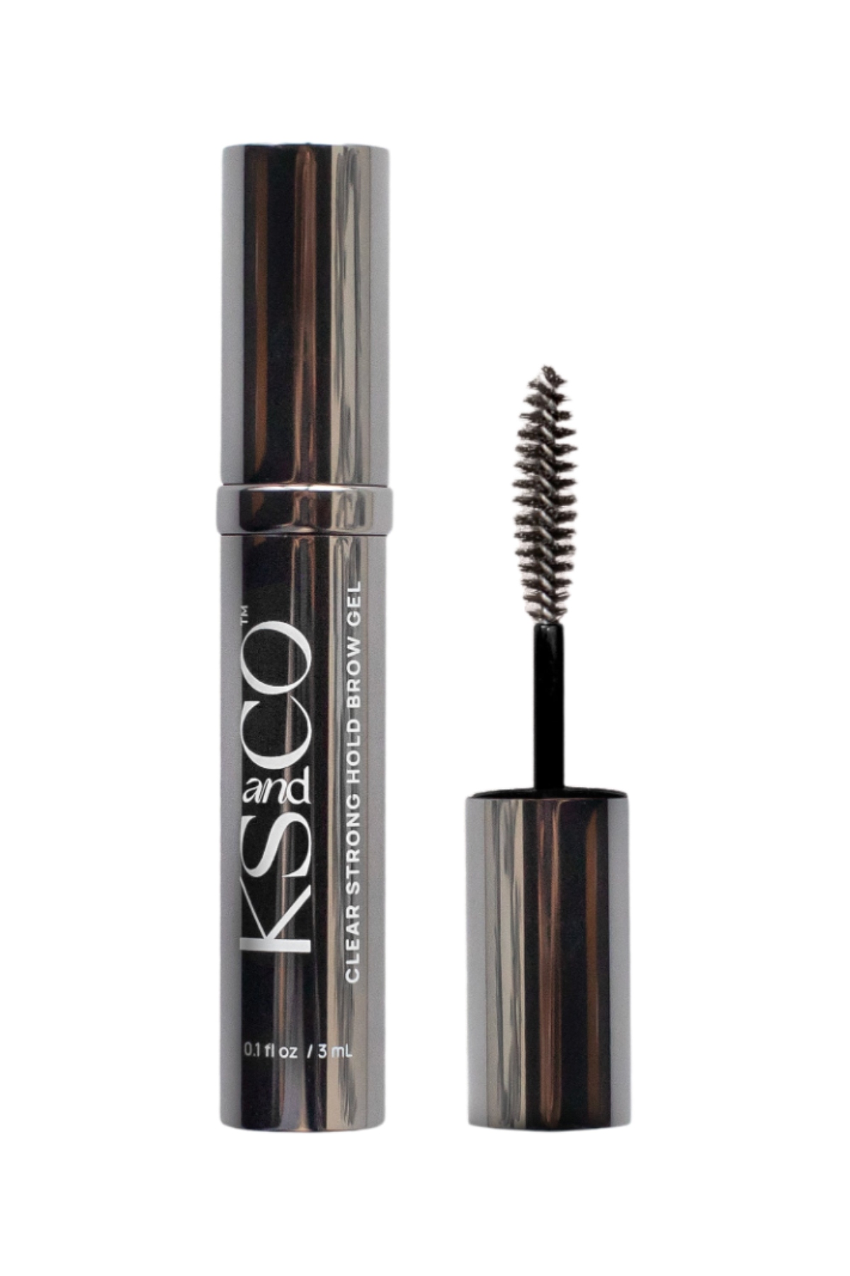 a silver tube of brow gel with the spoolie cap next to it