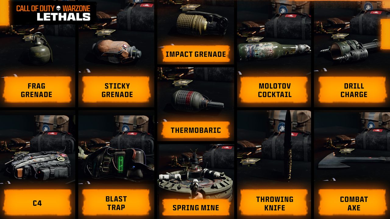 Call of Duty: Black Ops 6 and Warzone Integration begins in Season 1, with 11 lethals being available for player loadouts. This includes frag grenades, sticky grenades, impact grenades, Molotov cocktails, drill charges, c4, blast traps, thermobaric grenades, spring mines, throwing knives, and combat axes.