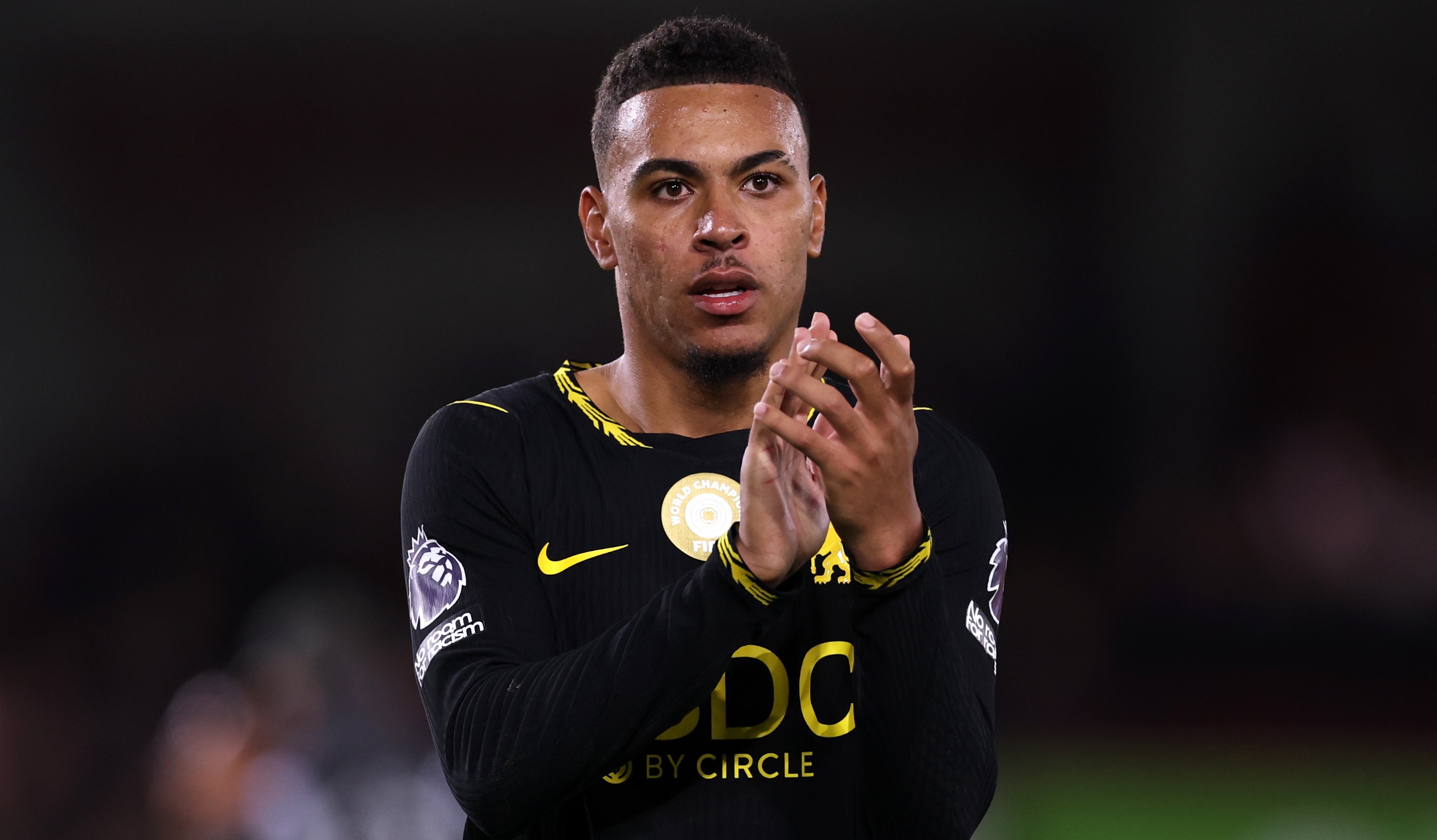 Morgan Rogers of Chelsea applauds the fans after the team's defeat in the Premier League 2026/27 match against Brentford at Gtech Community Stadium on September 18, 2026 in Brentford, England