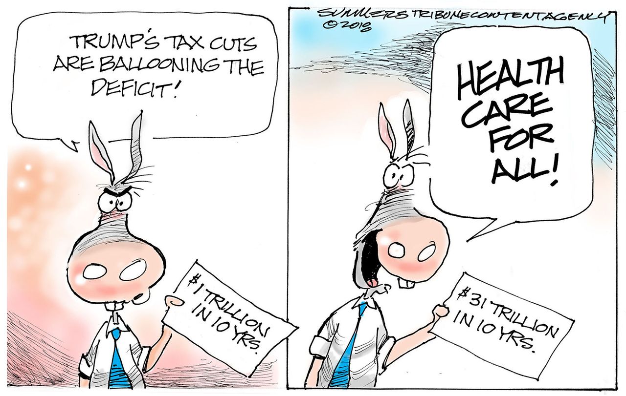 Political cartoon U.S. Democrats Trump tax cuts deficit health care for all