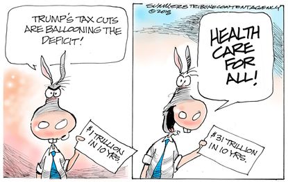 Political cartoon U.S. Democrats Trump tax cuts deficit health care for all