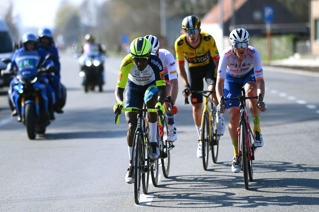 WEVELGEM BELGIUM MARCH 27 Hailu Biniam Girmay of Eritrea and Team Intermarch Wanty Gobert Matriaux attacks during the 84th GentWevelgem in Flanders Fields 2022 Mens Elite a 2488km one day race from Ypres to Wevelgem GWE22 WorldTour on March 27 2022 in Wevelgem Belgium Photo by Tim de WaeleGetty Images