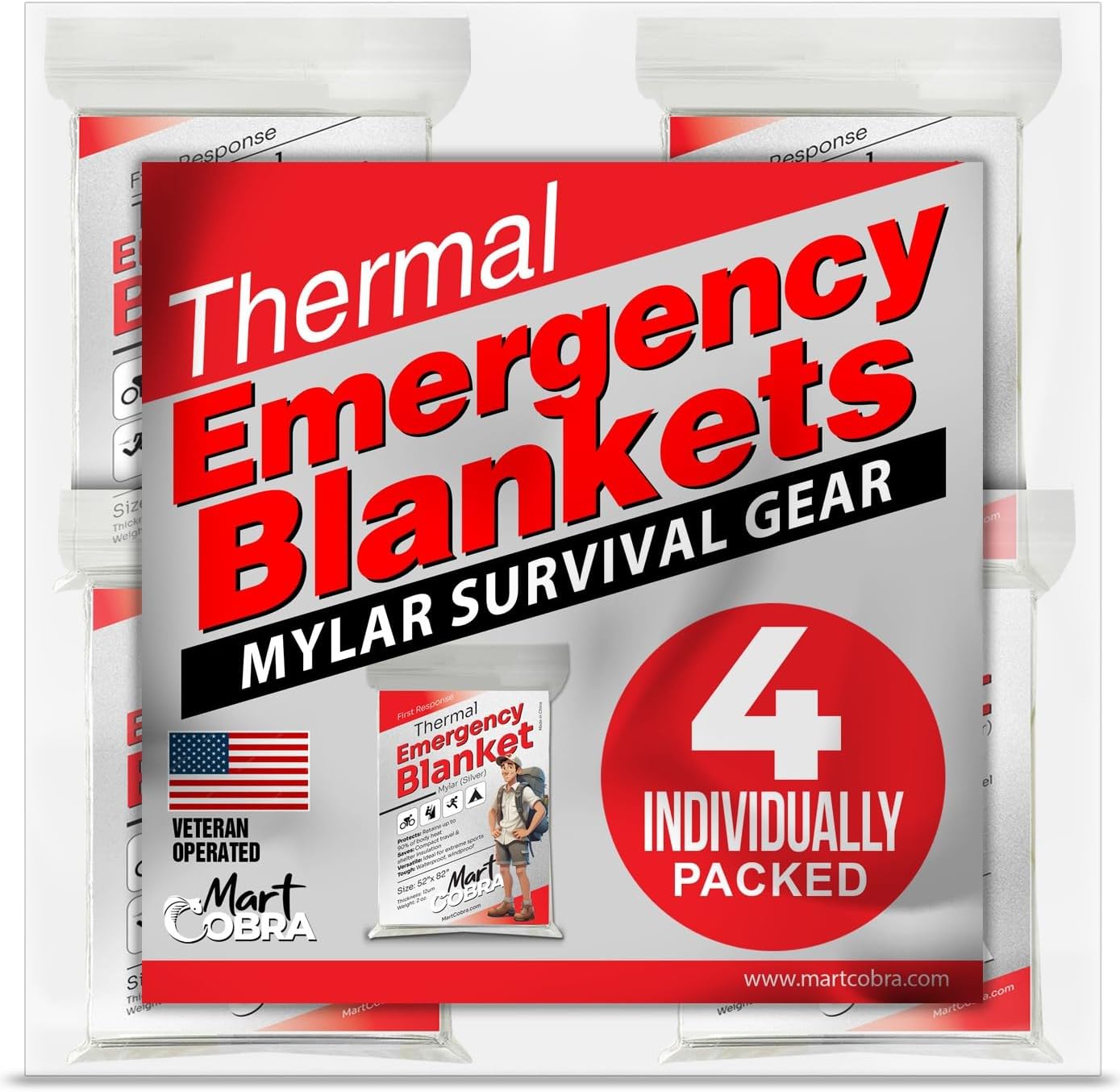 Emergency Blanket 4-Pack Space Mylar Blankets Survival Gear and Supplies Reusable Thermal Camping Hunting Essentials First Aid Car Backpacking Marathon Kit Prepper Go Rave Bug Out Bag Foil Cold Winter