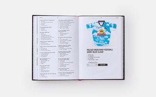 A double page spread with two columns of text on the left page and a Palace Moschino Football Shirt in blue cloud on the right side.