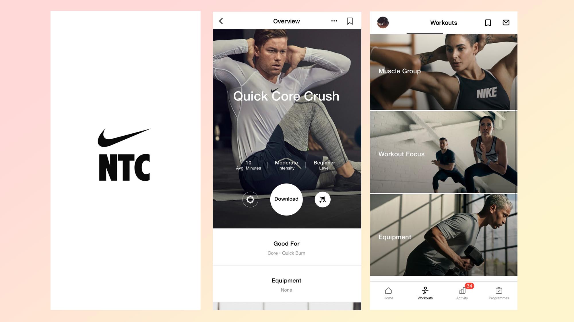 Screenshots of the Nike Training workout app