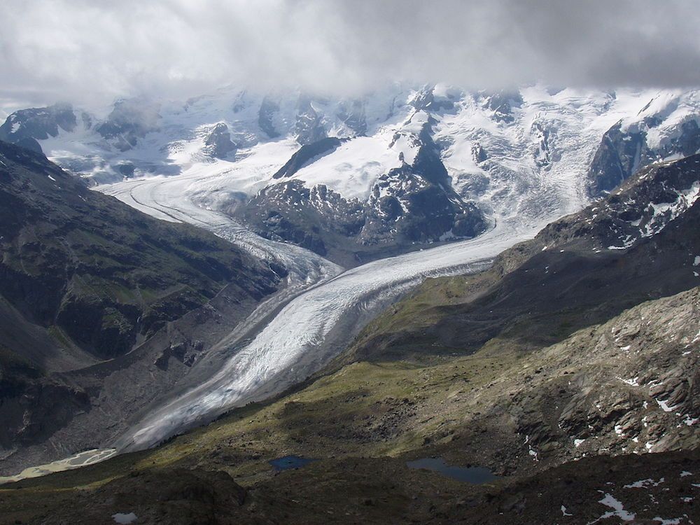 Warming temperatures due to climate change have caused the Morteratsch glacier in Switzerland to retreat in length at a rate of about 98 feet to 131 feet (30 to 40 meters) per year.