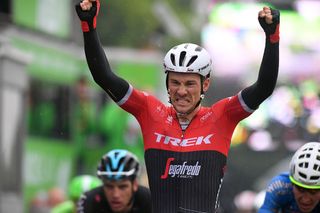 Edward Theuns (Trek-Segafredo) celebrates his first WorldTour victory
