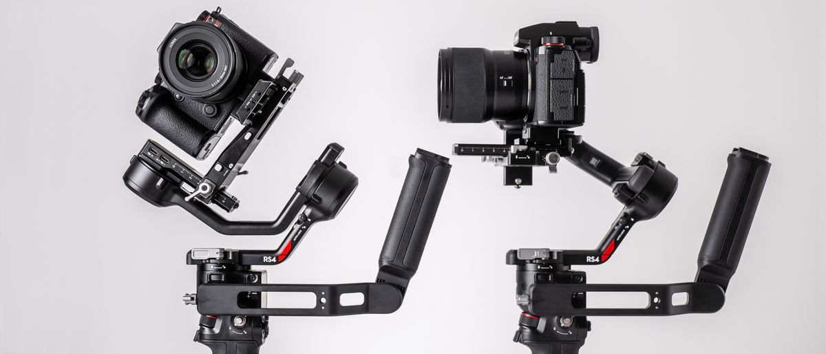 DJI RS 4 gimbal in vertical and horizontal setups on a off-white background