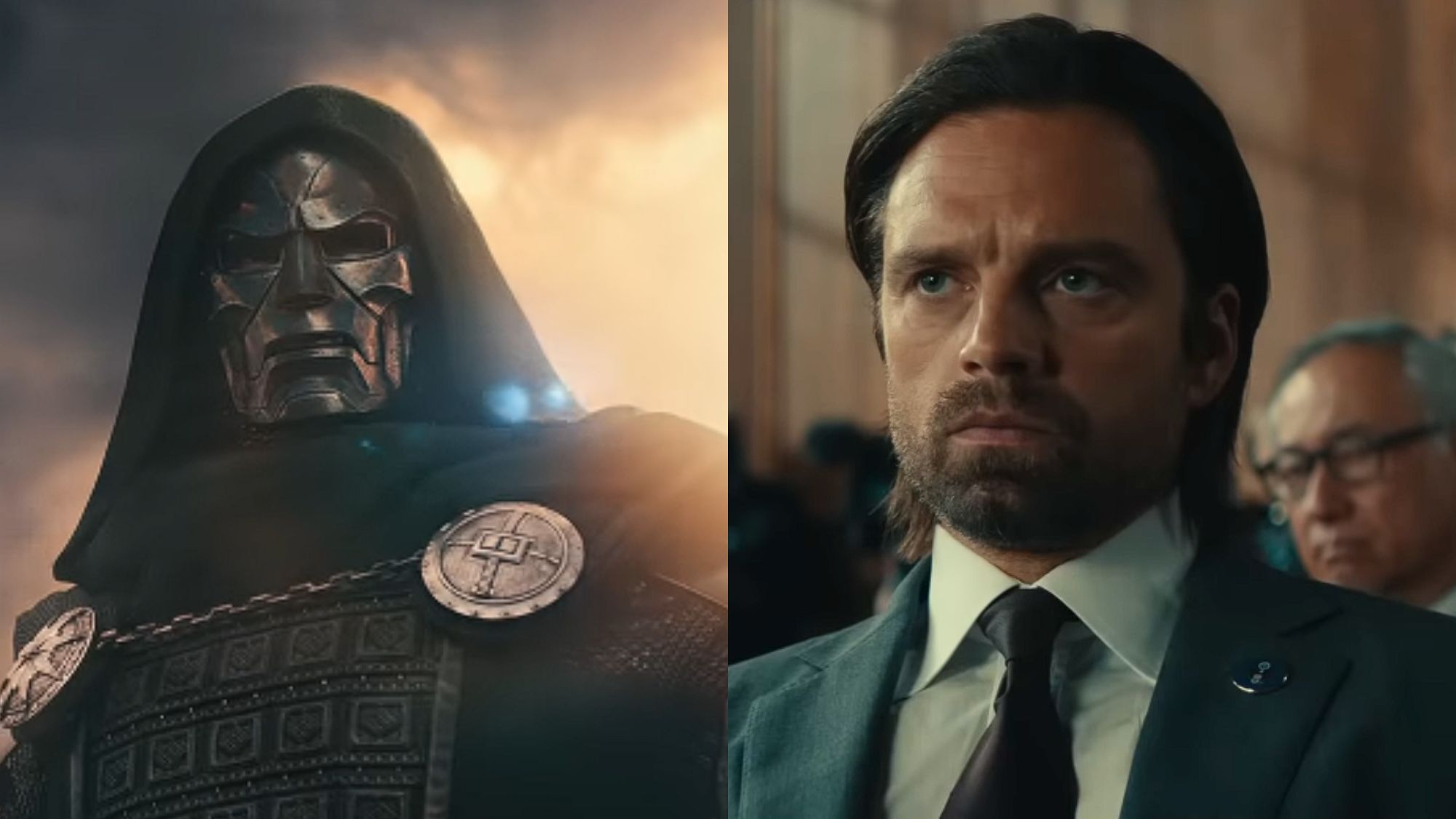 Right: Robert Downey Jr. as Doom in Avengers Doomsday. Left: Sebastian Stan as Bucky in Thunderbolts*.
