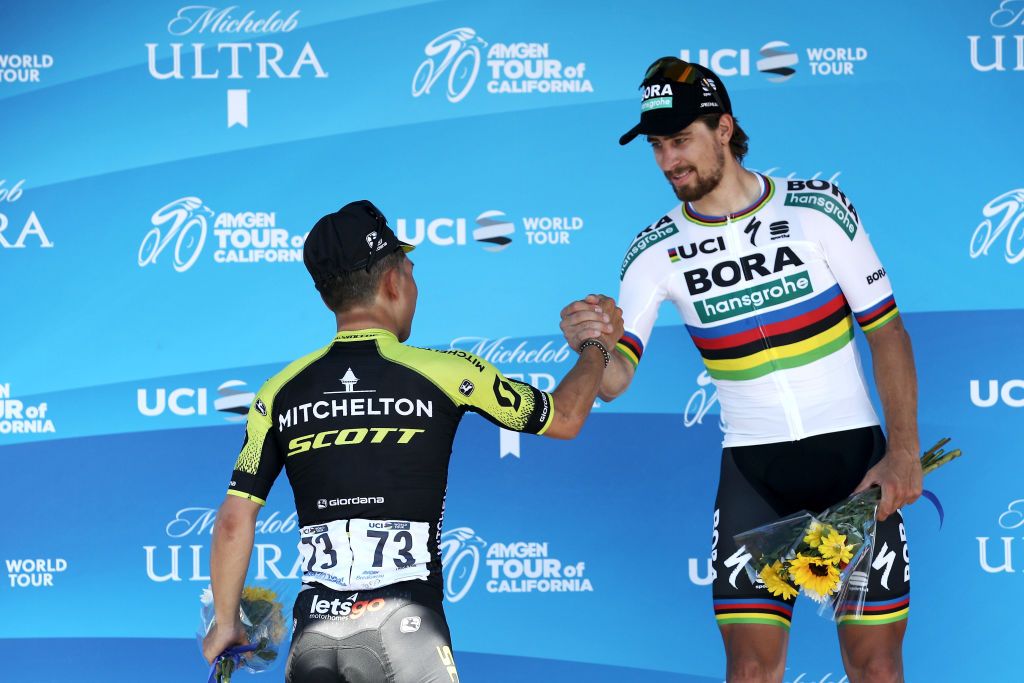 Brothers-in-arms: Caleb Ewan (Mitchelton-Scott) and Peter Sagan (Bora-Hansgrohe) congratulate each other on their podium spots, having been beaten on stage 5 of the 2018 Tour of California