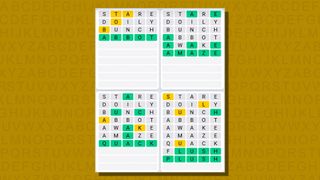 Quordle daily sequence answers for game 775 on a yellow background