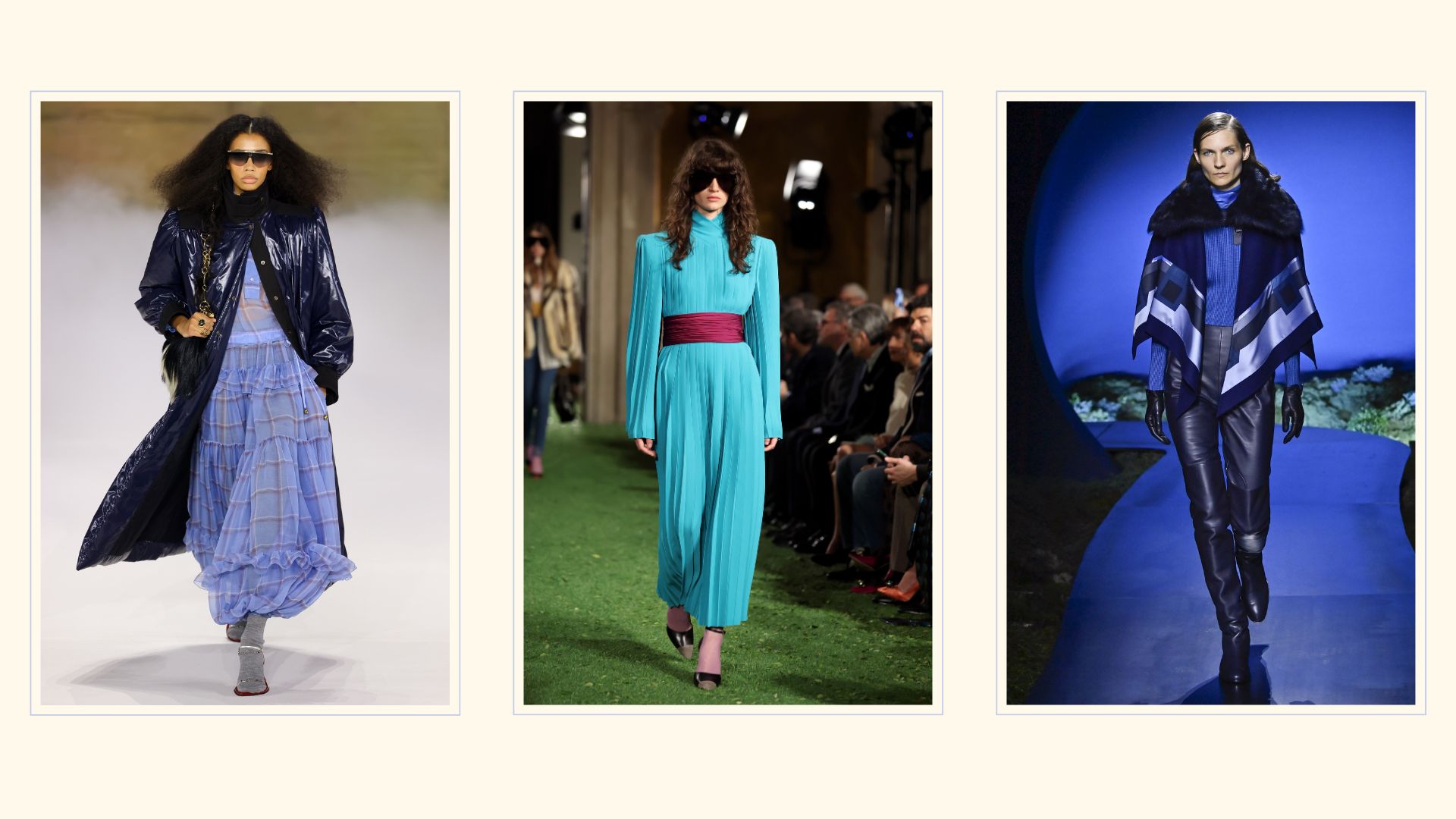 models wearing different shades of blue on the runway