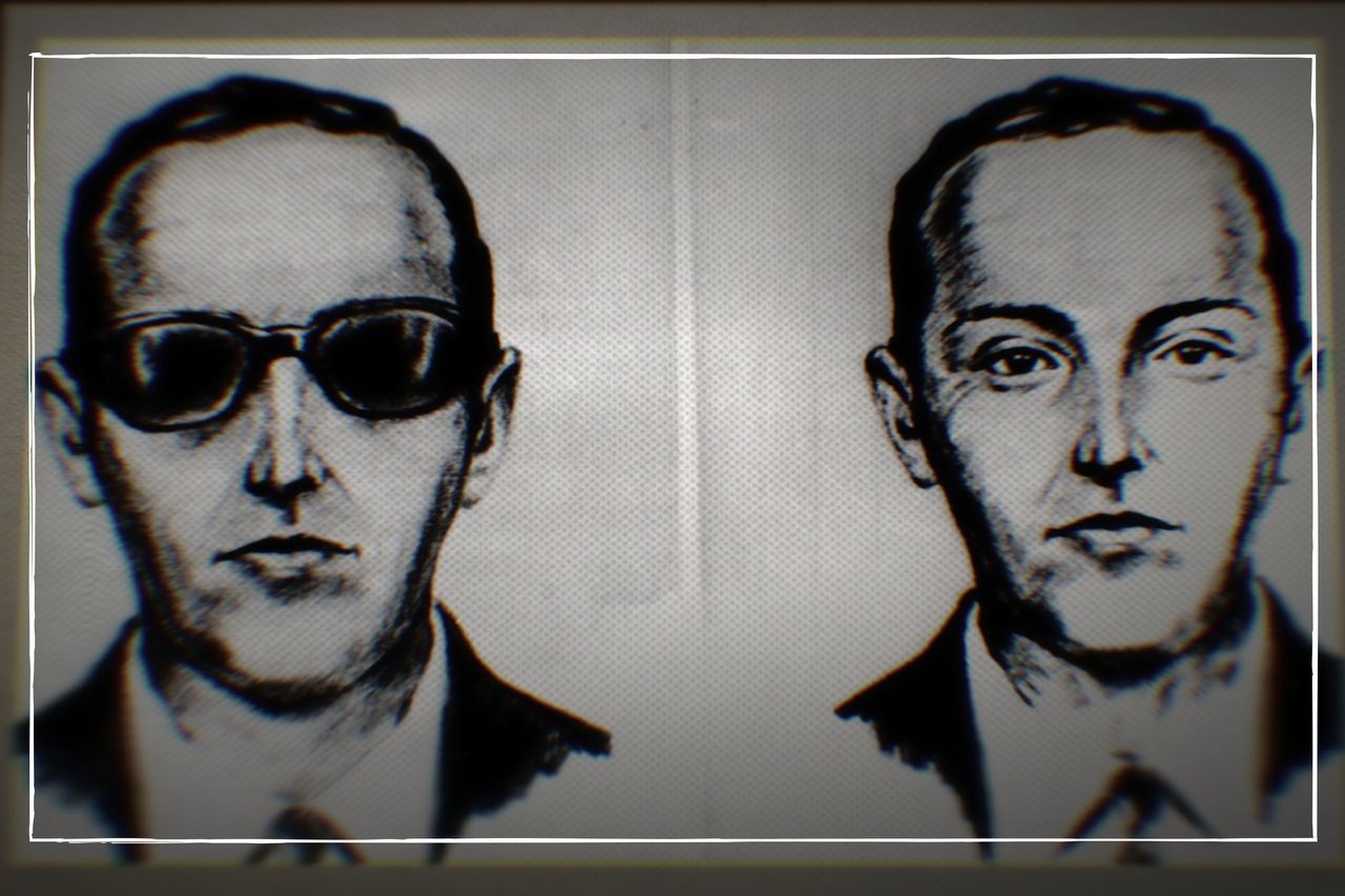 Sketchings of D.B Cooper with a white border around it