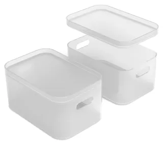 Two white plastic storage bins with lids for stacking and cut out handles