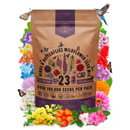 Organo Republic 23 Wildflower Seeds Annual &amp;amp; Perennial Mix for Indoor &amp;amp; Outdoors, Attract Birds &amp;amp; Butterflies 100,000+ Non-Gmo, Heirloom Garden Seeds, 4oz Packet for Growing Wild Flowers