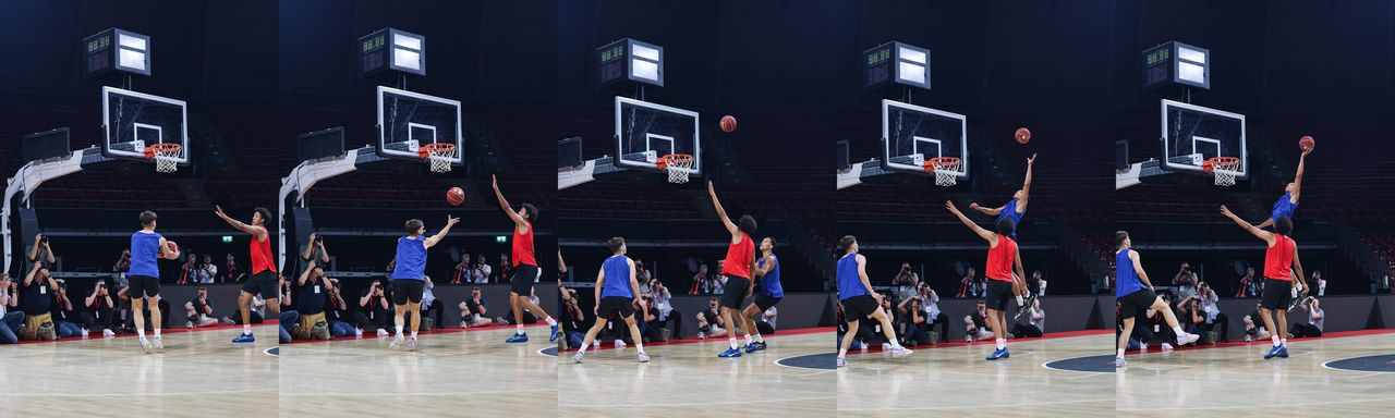 Canon EOS R1 sample images: a sequence showing Canon's Action Priority tracking feature, following the player with the ball during an alley oop play
