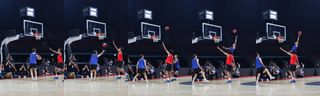 Canon EOS R1 sample images: a sequence showing Canon's Action Priority tracking feature, following the player with the ball during an alley oop play