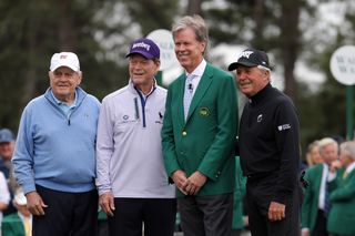 Masters honorary starters Tom Watson, Jack Nicklaus and Gary Player pose with Fred Ridley