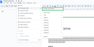 A screenshot of a Google Doc with the Borders and Shading menu selected.