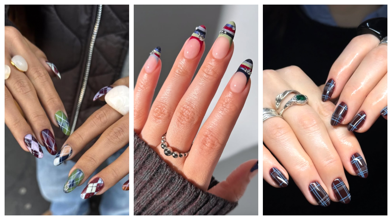 three hands in a photo series wearing sweater nails