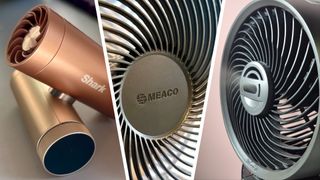 Split image of Shark, Meaco, and Dreo fans