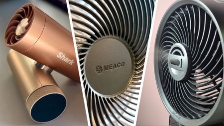 Split image of Shark, Meaco, and Dreo fans
