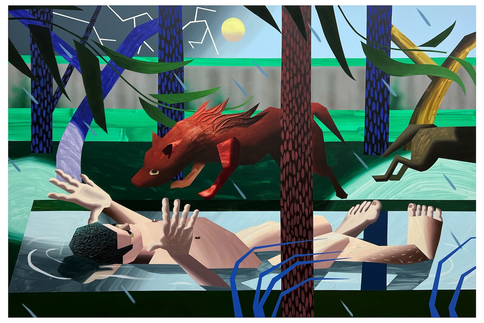 NFTs, digital art and traditional art trends; a painting of a man in a swimming pool and dogs