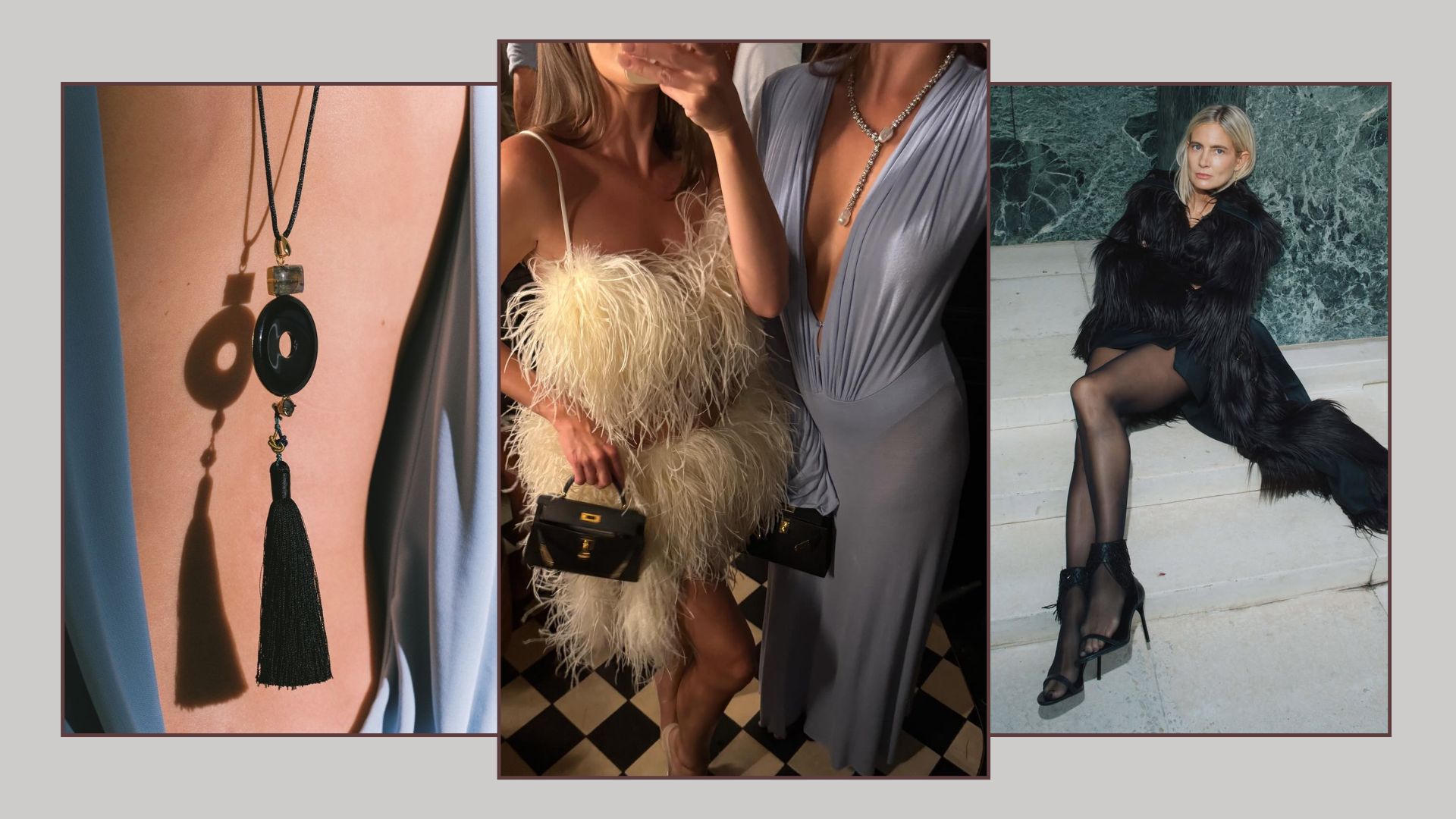 A collage of the biggest party fashion trends of 2025, as pictured on Emma Leger and Lucy Williams.