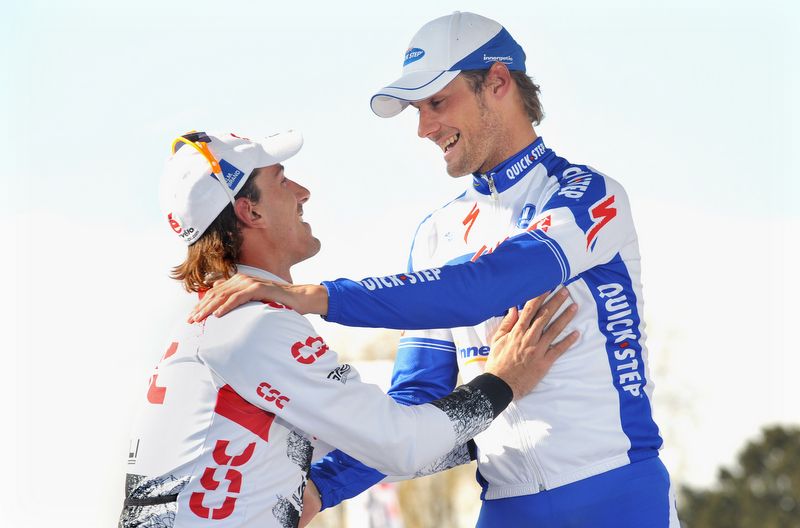 Fabian Cancellara congratulates Tom Boonen after his 2008 victory