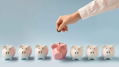 A woman deposits money into one piggy bank among a line of many others.