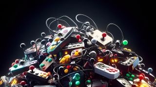 A pile of fighting game controllers