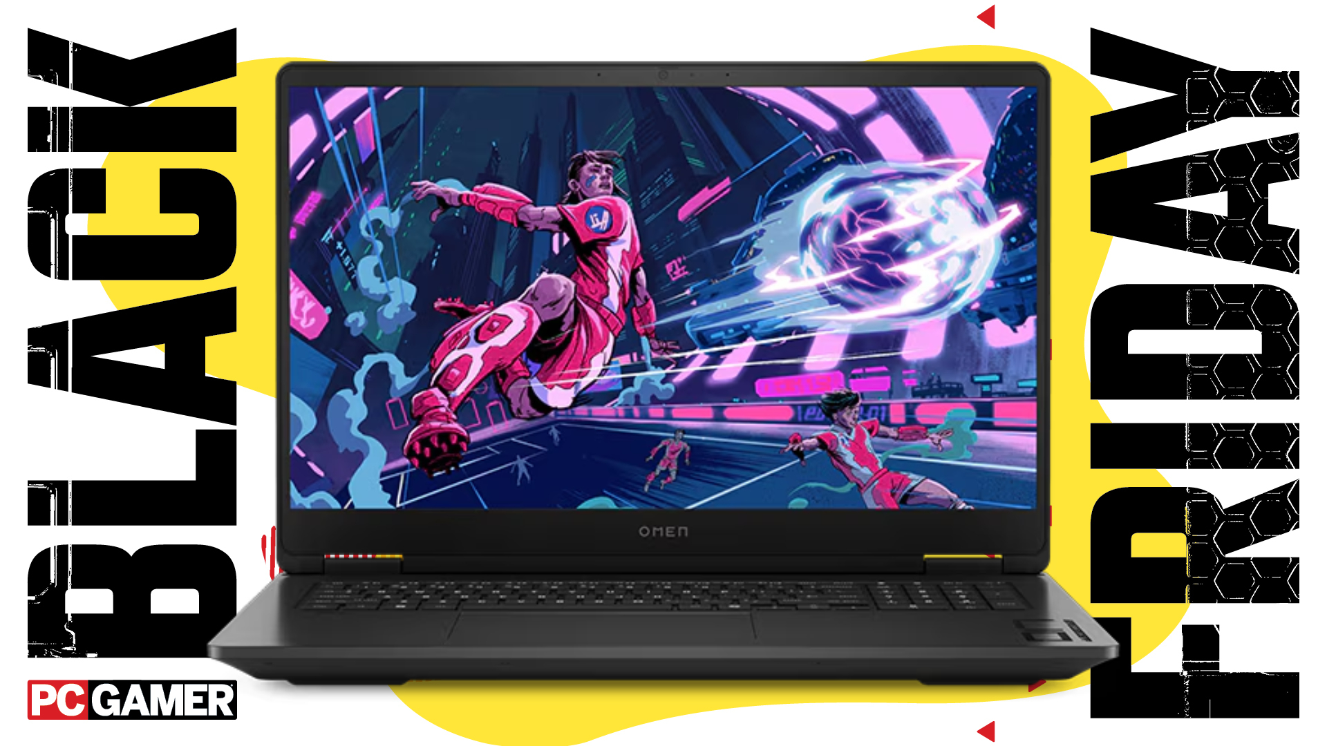 An HP Omen 17 OLED gaming laptop on a Black Friday deals background with the PC Gamer logo in the bottom left