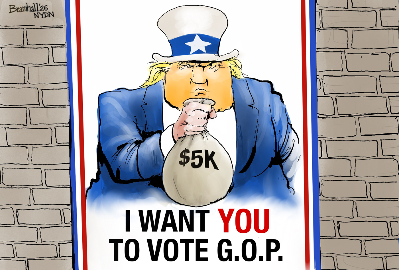 Donald Trump is depicted as Uncle Sam on a recruiting poster. Trump holds a bag of cash and the words read, &amp;ldquo;I want YOU to vote G.O.P.&amp;rdquo;