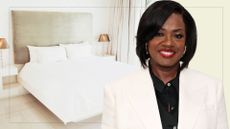 picture of neutral bedroom with cut out of viola davis over top