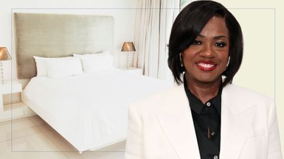 picture of neutral bedroom with cut out of viola davis over top