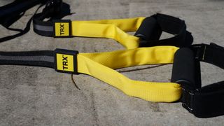 A close-up of the TRX Home2 suspension trainer handles