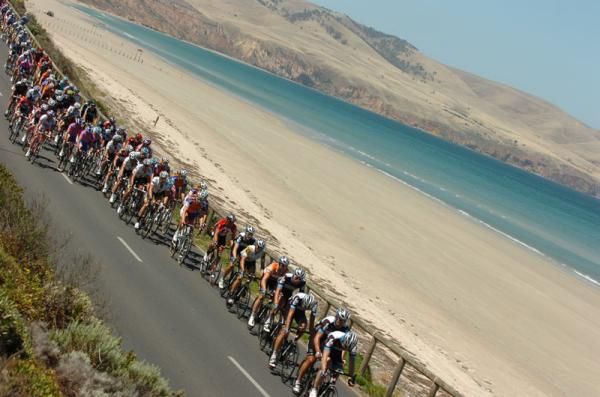 The peloton at the Santos Tour Down Under