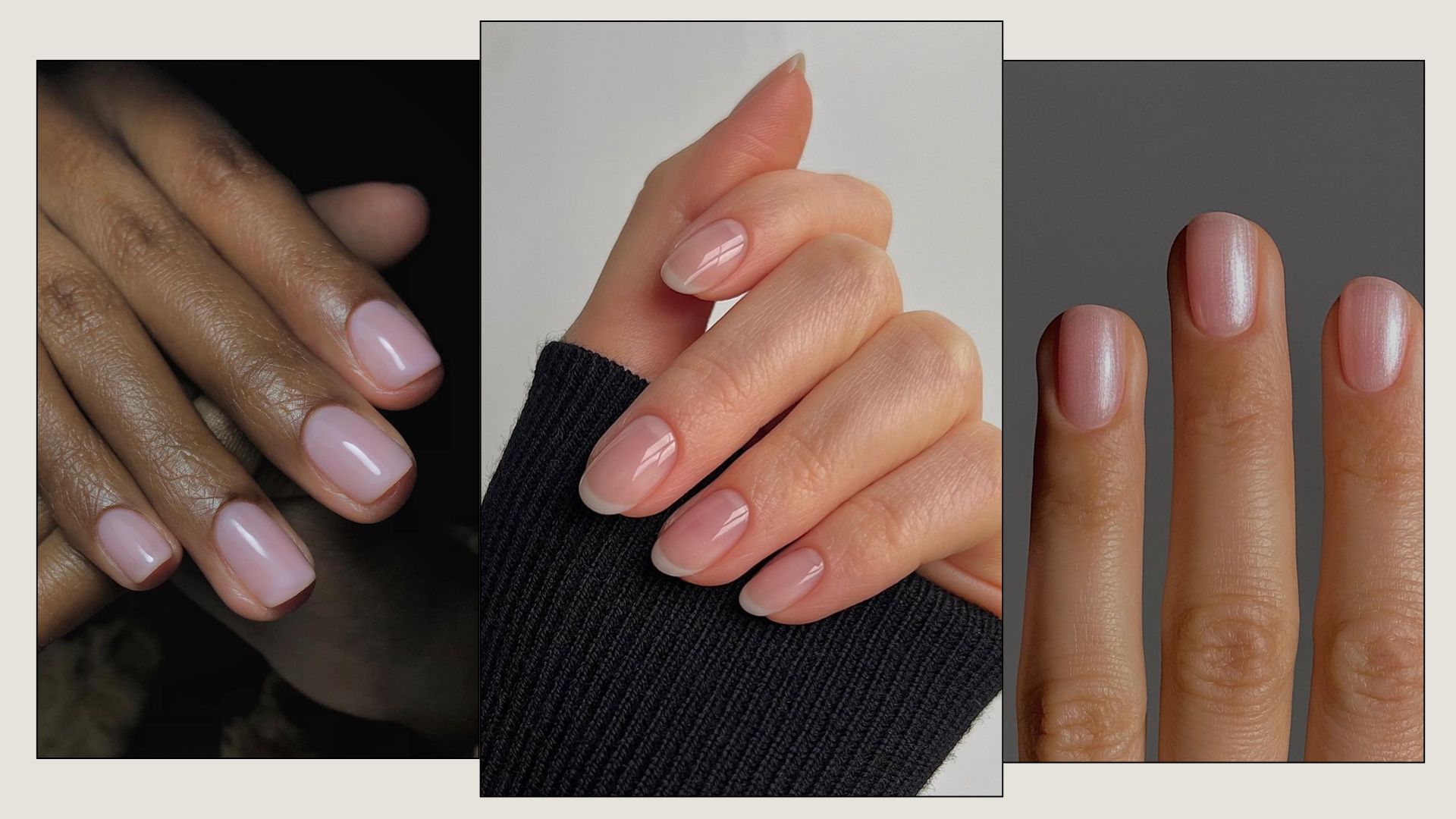 A collage of manicured nails with different nail polish layering combos