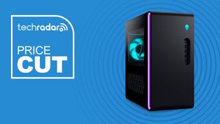 Alienware Aurora R16 Gaming Desktop on blue background with price cut sign