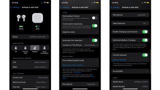 Apple AirPods 4 with ANC showing app settings on three iPhone screens