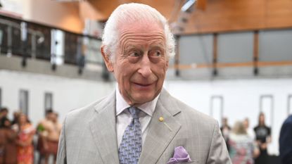 King Charles wearing a gray suit with a purple tie and pocket square smiling and looking to the right