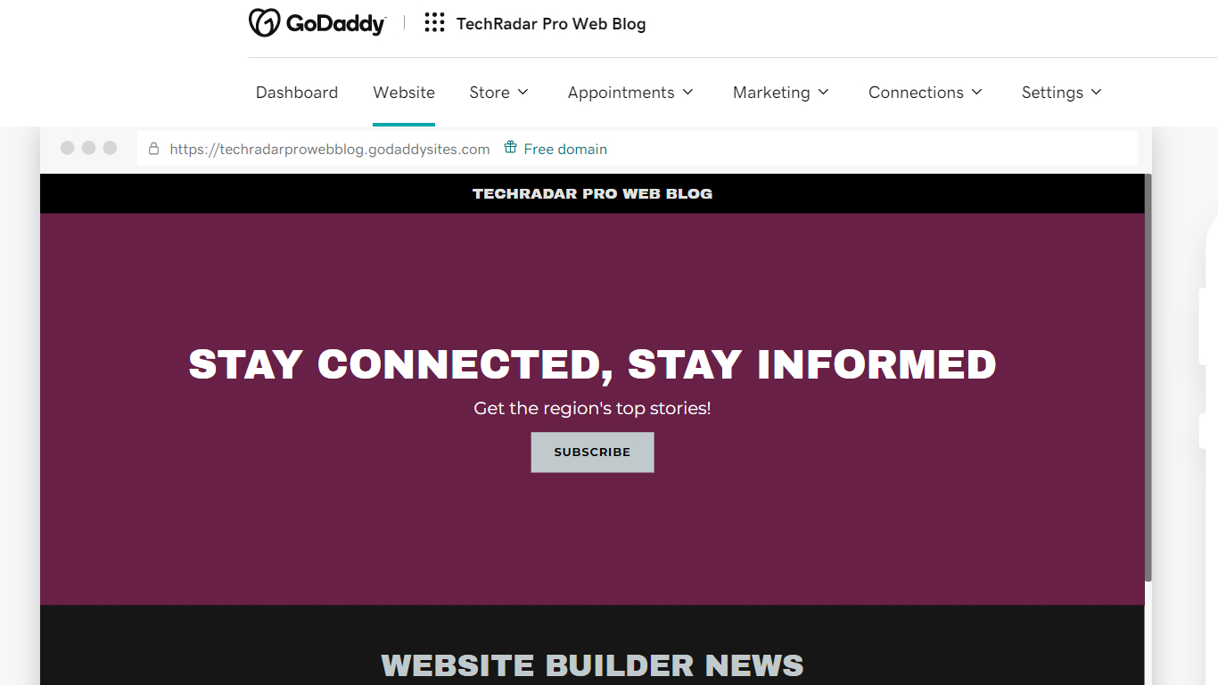 A screenshot of a TechRadar Pro blog created using GoDaddy website builder