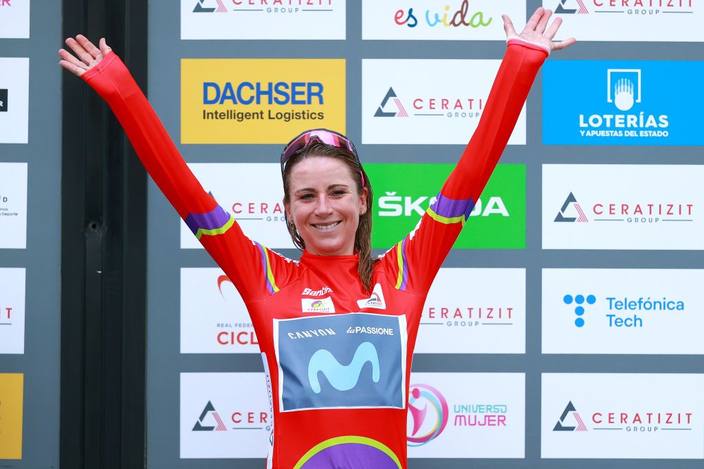 COLINDRES SPAIN SEPTEMBER 08 Annemiek Van Vleuten of Netherlands and Movistar Team Women celebrates winning the Red Leader Jersey on the podium ceremony after the 8th Ceratizit Challenge By La Vuelta 2022 Stage 2 a 1059km stage from Colindres to Colindres CERATIZITChallenge22 UCIWWT on on September 08 2022 in Colindres Spain Photo by Gonzalo Arroyo MorenoGetty Images
