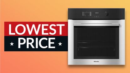 Black Friday oven deals: image shows a stainless steel Miele oven on an orange and yellow backdrop