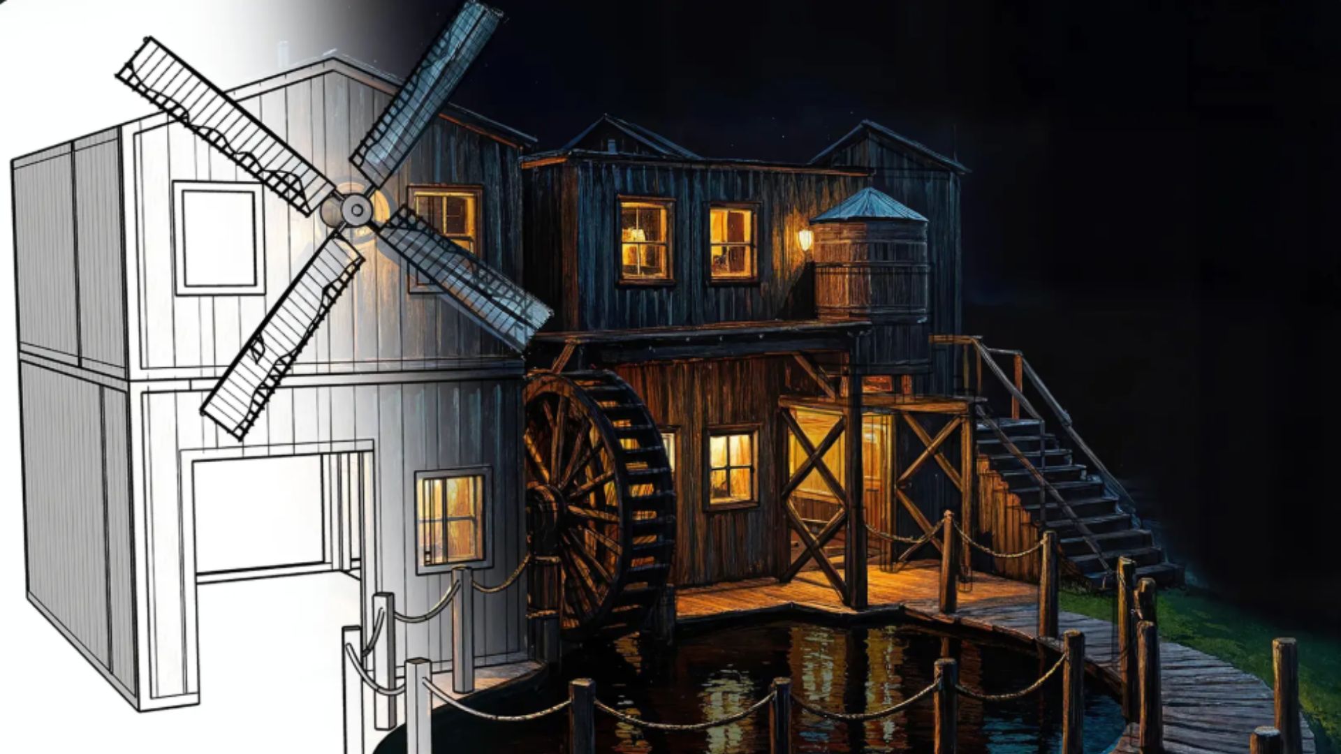 an image of the blueprint sketches for the new site bleeding into the real building