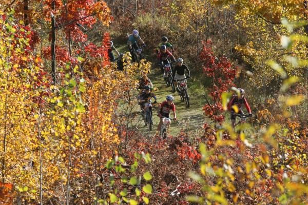 Racers riding through the autumn colors