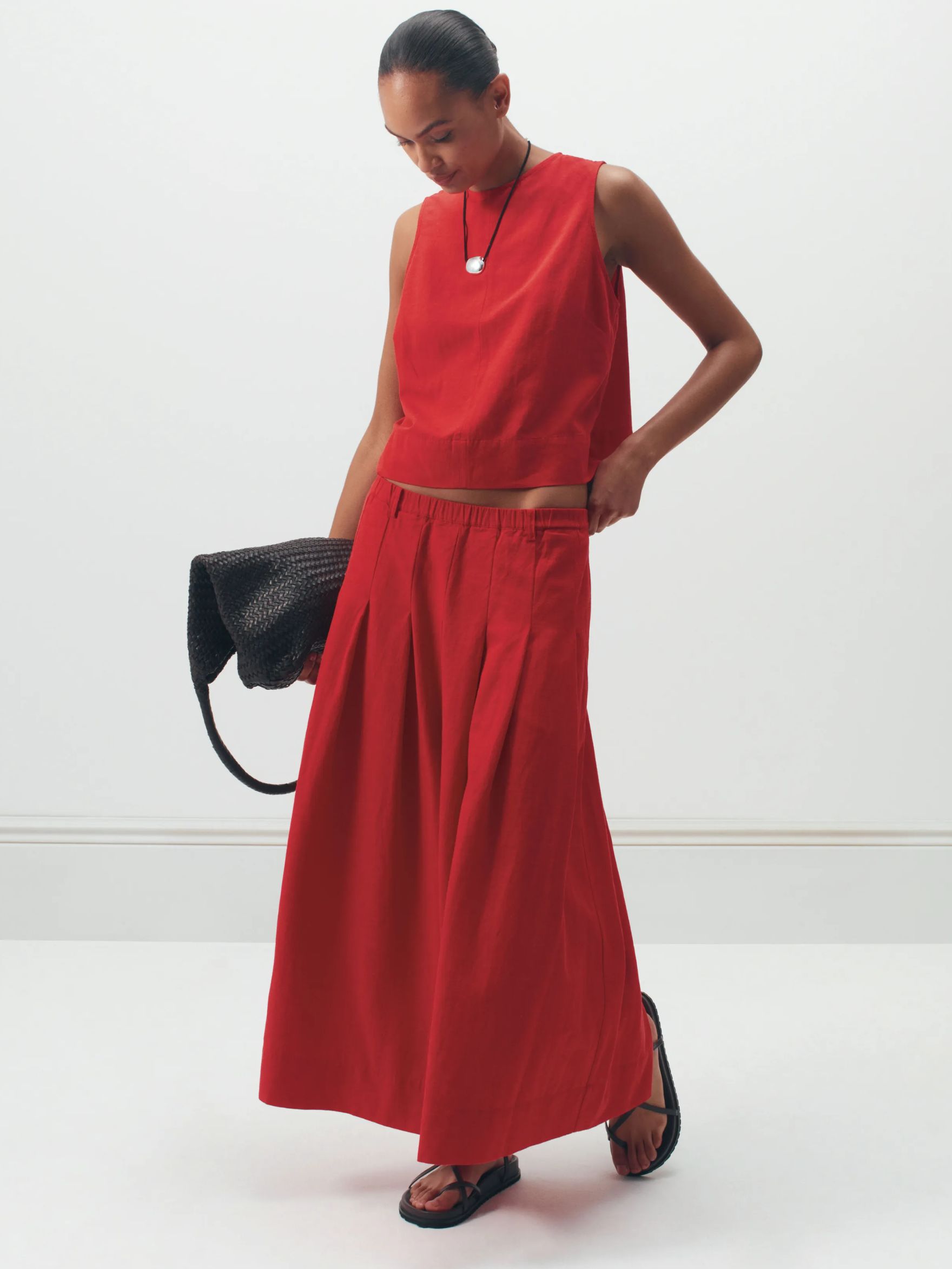 Ivy Pleated Linen Blend Midi Skirt