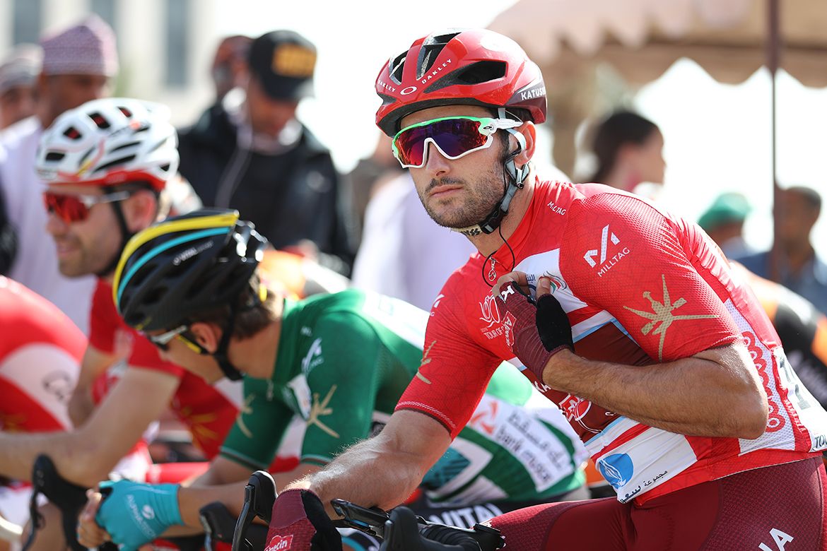 Nathan Haas (Katusha-Alpecin) in the red jersey at the Tour of Oman.