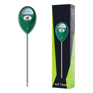 Green soil moisture meter with metal spike next to the product box with a picture of the meter on the front of it